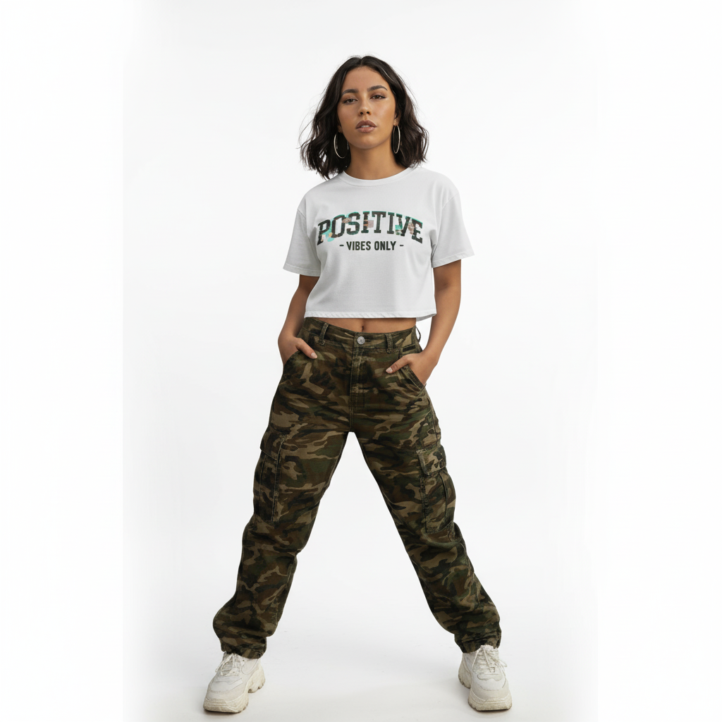 Playera Crop Top “CAMO VIBES” (Positive Vibes Only)