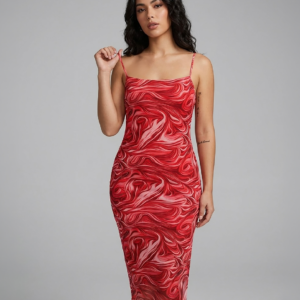 Vestido Midi Ajustado – Colección Abstract Red (Efecto Marmolado)