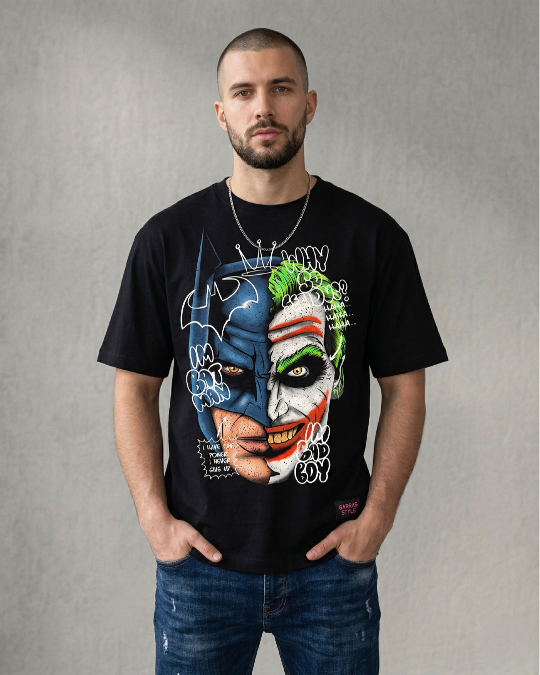 Playera Corte Recto Negra 180g – Colección Batman & Joker Duality